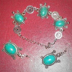 A set or sea green turtle earrings and bracelet